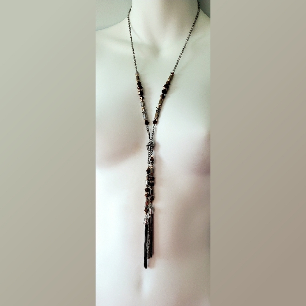 Chico's Y Necklace with Two Tone Beading with Tassels New with Tags 24"